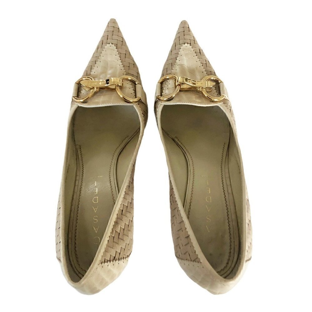 Casadei Beige Woven Leather Gold Horse Bit Heels - Picture 3 of 12